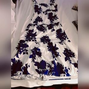 Kara and Kate...L...floor length dress. Blue and white